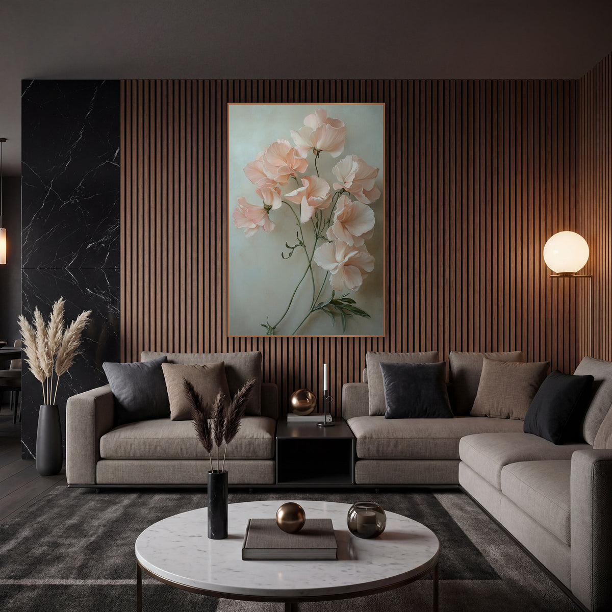 Blush Sweet Pea Cascade Painterly wall art in an elegant modern room – blush pink sweet pea blossoms with ruffled