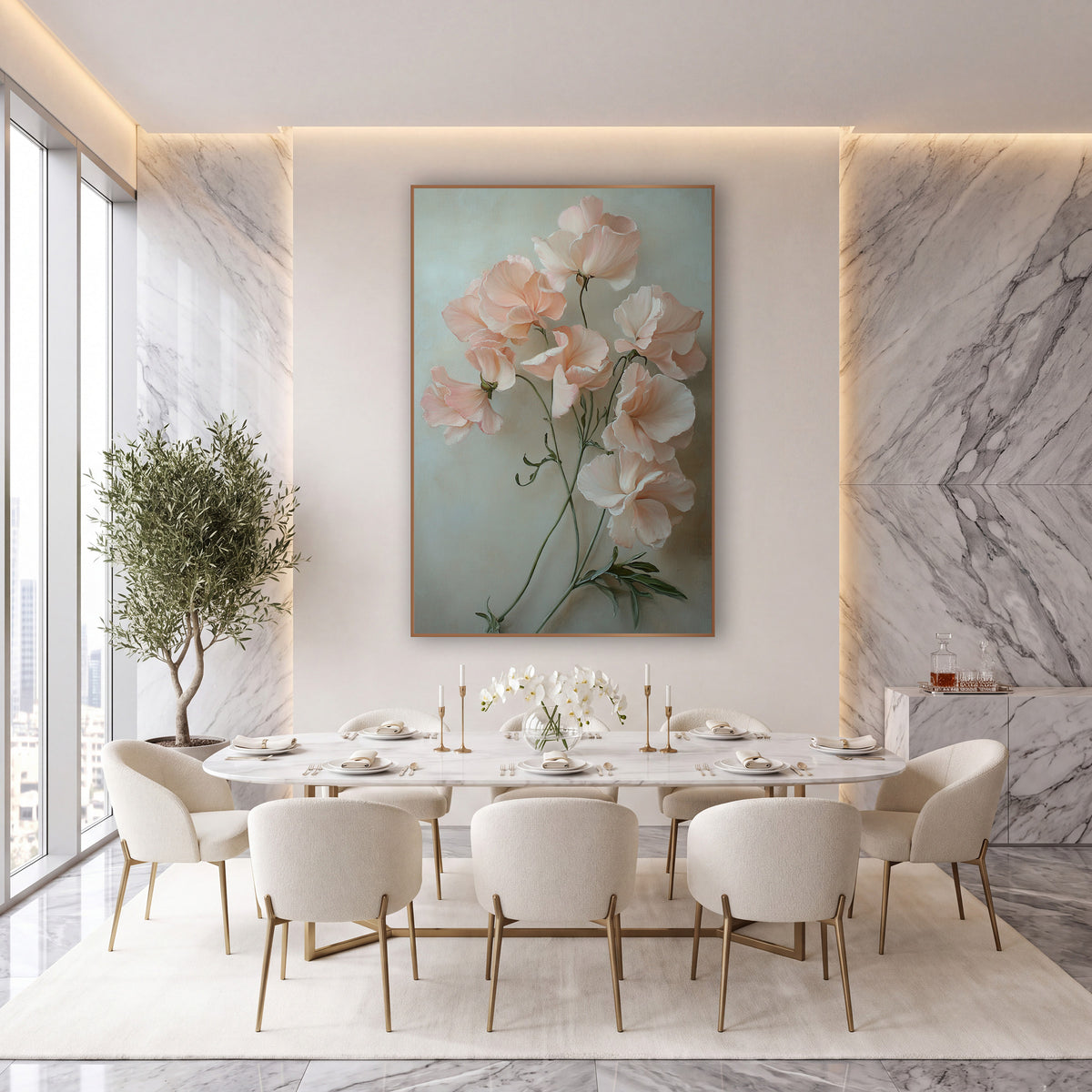 Blush Sweet Pea Cascade Painterly wall art in an elegant modern room – blush pink sweet pea blossoms with ruffled