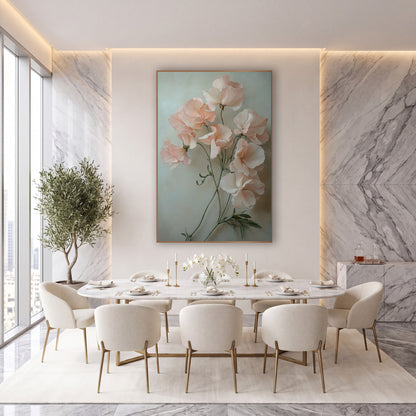 Blush Sweet Pea Cascade Painterly wall art in an elegant modern room – blush pink sweet pea blossoms with ruffled