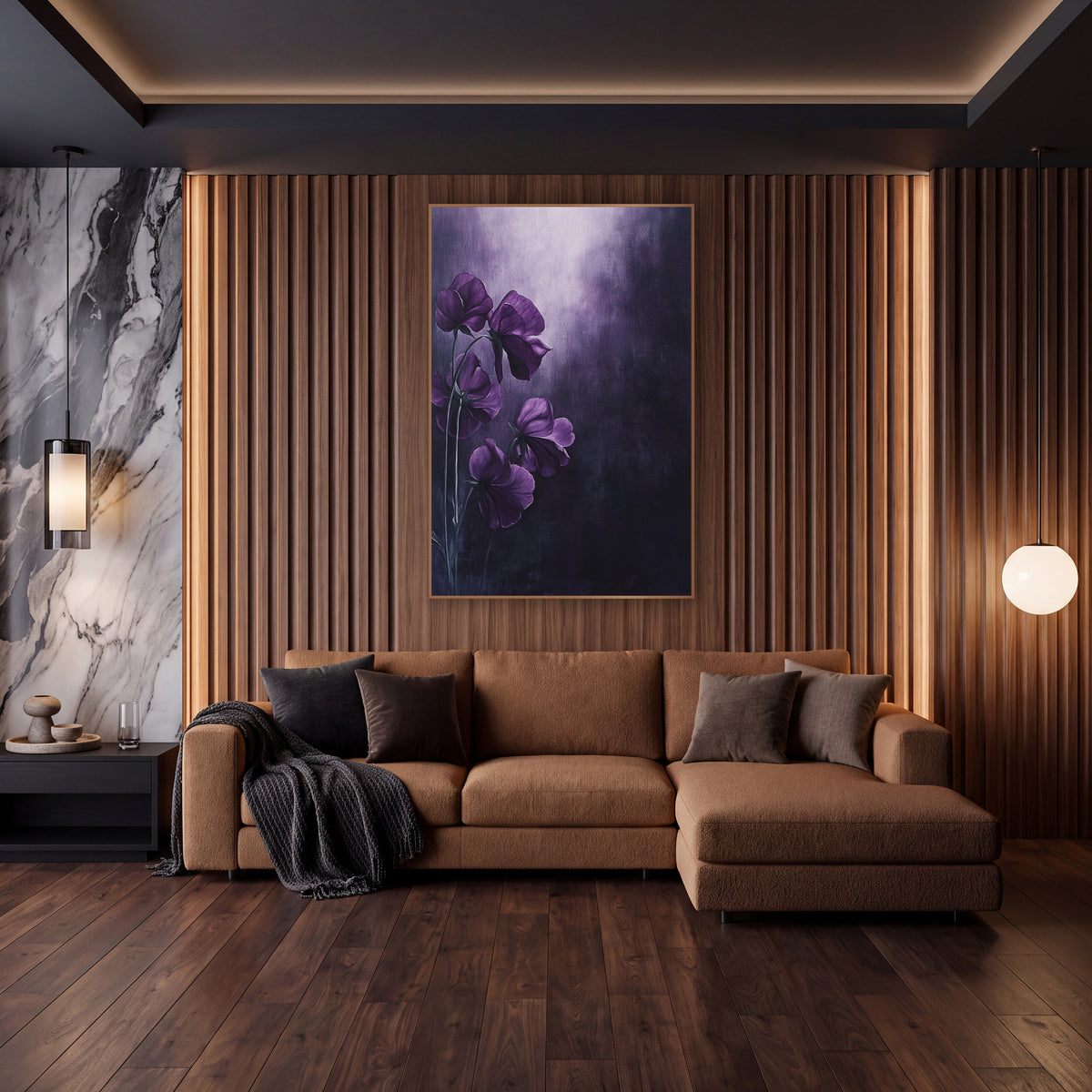 Plum Sweet Pea Glow Floral wall art in an elegant modern room – five deep plum sweet pea flowers on slim stems
