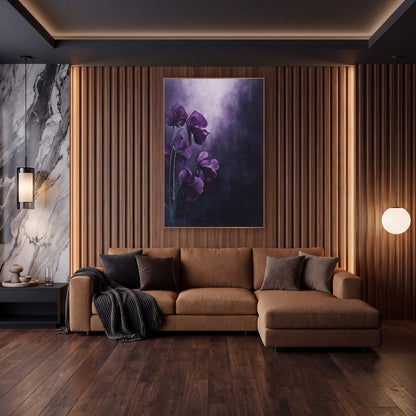 Plum Sweet Pea Glow Floral wall art in an elegant modern room – five deep plum sweet pea flowers on slim stems