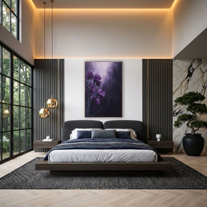 Plum Sweet Pea Glow Floral wall art in an elegant modern room – five deep plum sweet pea flowers on slim stems