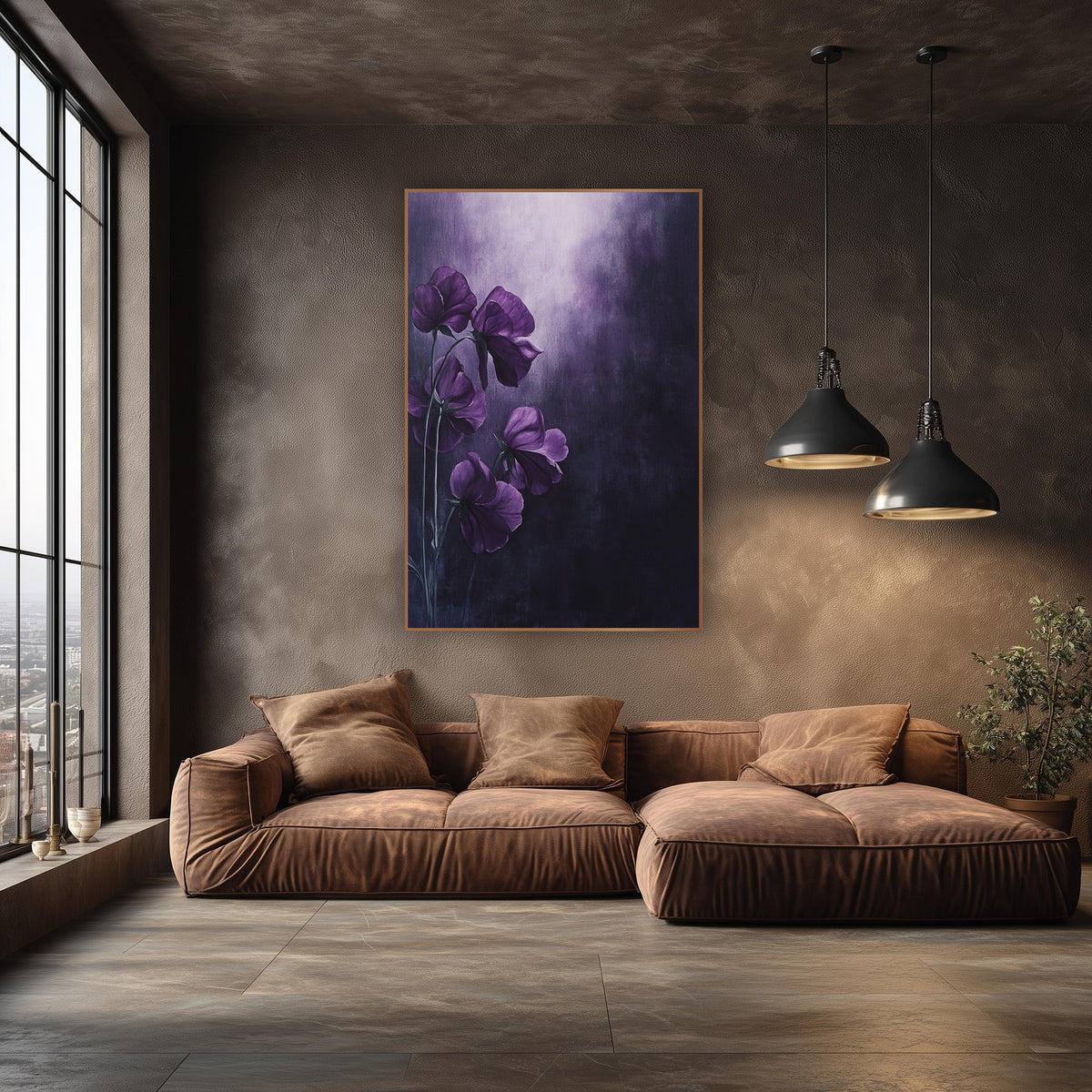 Plum Sweet Pea Glow Floral wall art in an elegant modern room – five deep plum sweet pea flowers on slim stems