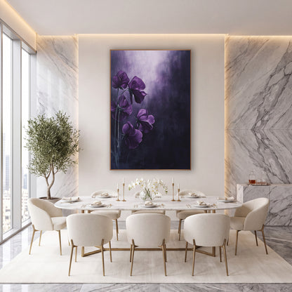 Plum Sweet Pea Glow Floral wall art in an elegant modern room – five deep plum sweet pea flowers on slim stems