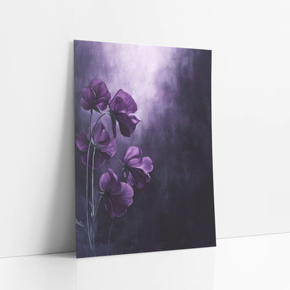 Plum Sweet Pea Glow Floral art print leaning against a white wall – five deep plum sweet pea flowers on slim stems