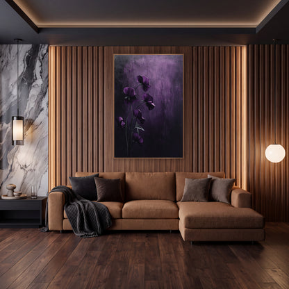 Hanging Violet Blooms Moody Floral wall art in an elegant modern room – six deep plum sweet pea flowers on slender