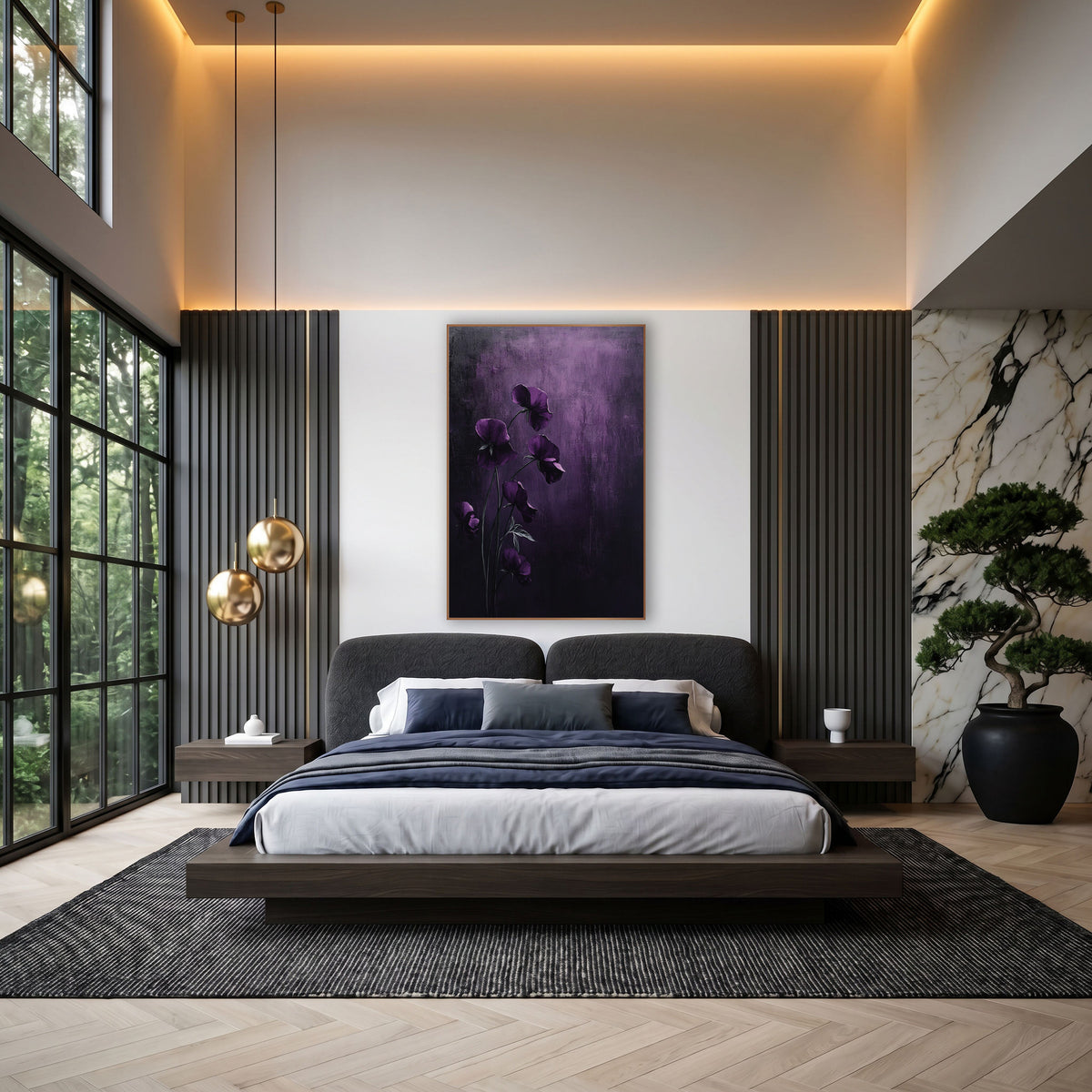 Hanging Violet Blooms Moody Floral wall art in an elegant modern room – six deep plum sweet pea flowers on slender