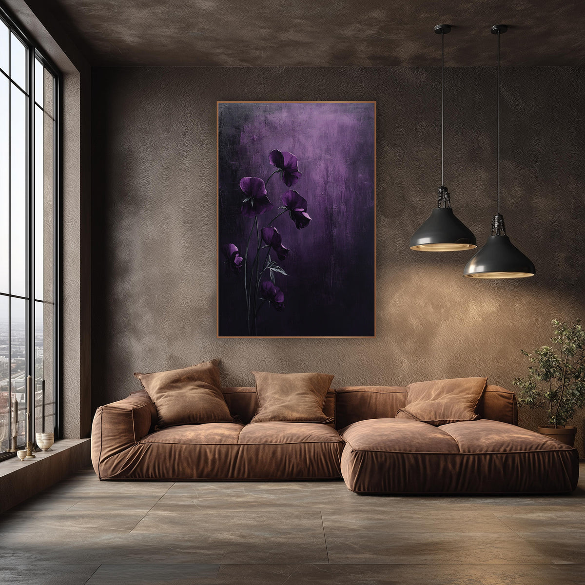 Hanging Violet Blooms Moody Floral wall art in an elegant modern room – six deep plum sweet pea flowers on slender