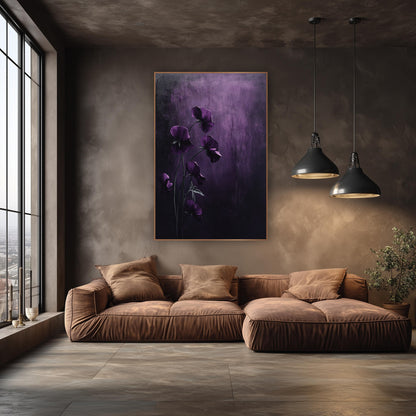 Hanging Violet Blooms Moody Floral wall art in an elegant modern room – six deep plum sweet pea flowers on slender