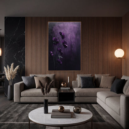 Hanging Violet Blooms Moody Floral wall art in an elegant modern room – six deep plum sweet pea flowers on slender