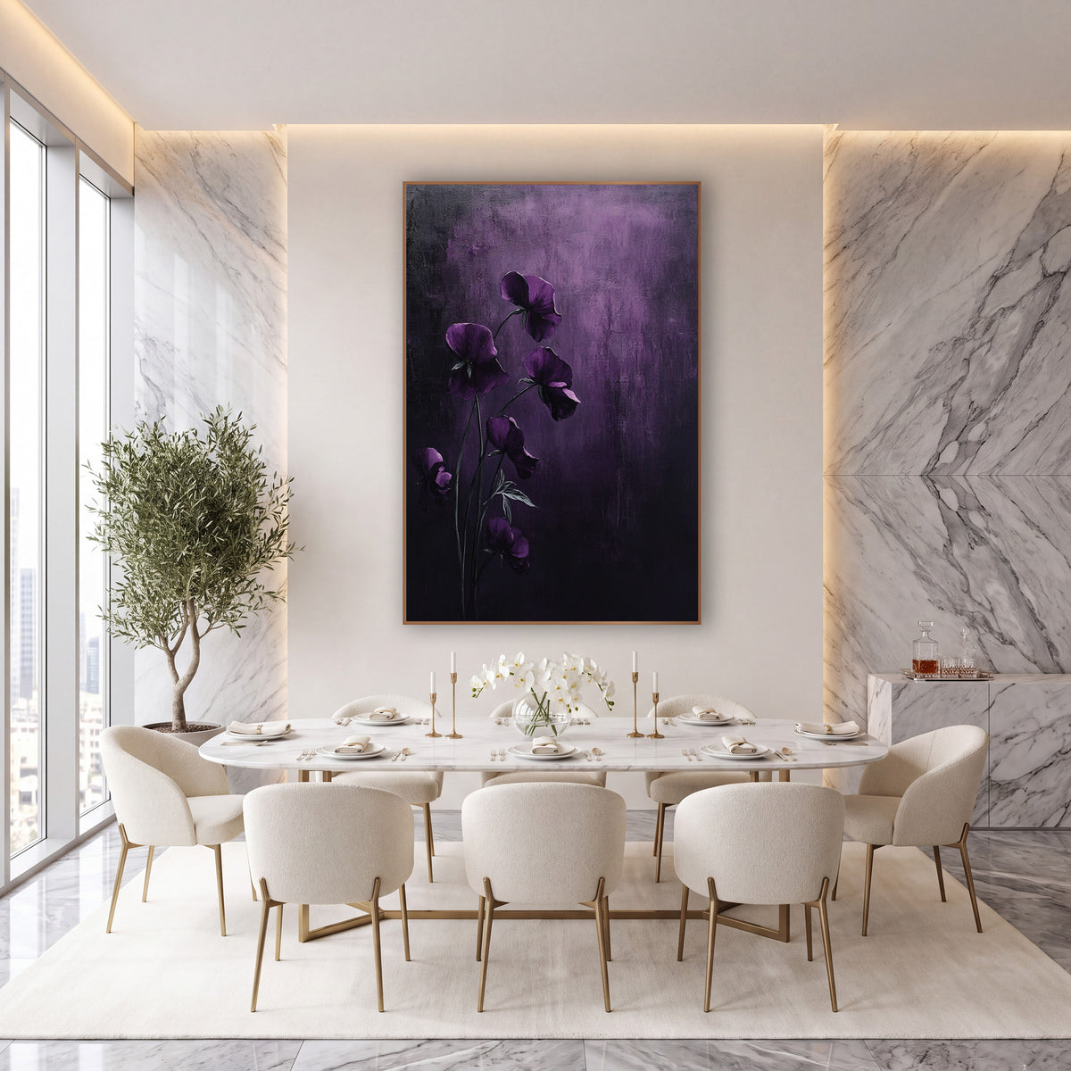 Hanging Violet Blooms Moody Floral wall art in an elegant modern room – six deep plum sweet pea flowers on slender
