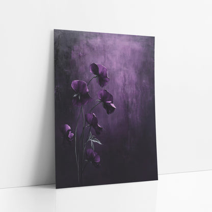 Hanging Violet Blooms Moody Floral art print leaning against a white wall – six deep plum sweet pea flowers on slender dark