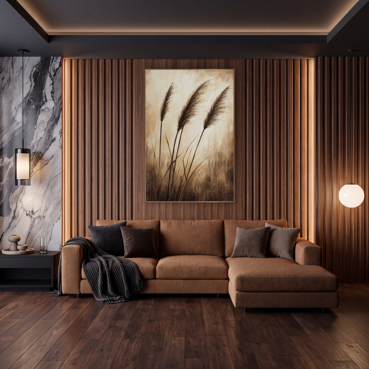 Sepia Tall Grass Plumes Neutral wall art in an elegant modern room – three feathery brown grass plumes on thin stems