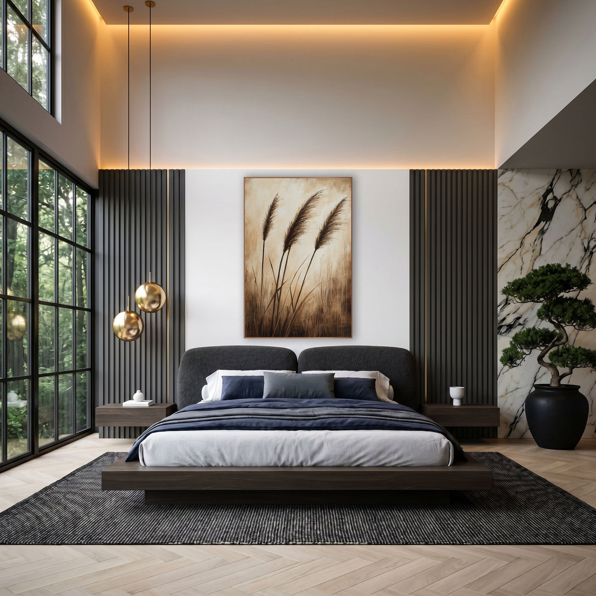 Sepia Tall Grass Plumes Neutral wall art in an elegant modern room – three feathery brown grass plumes on thin stems