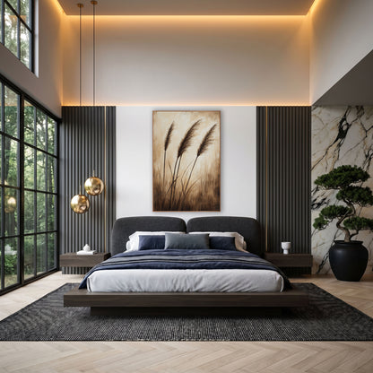 Sepia Tall Grass Plumes Neutral wall art in an elegant modern room – three feathery brown grass plumes on thin stems