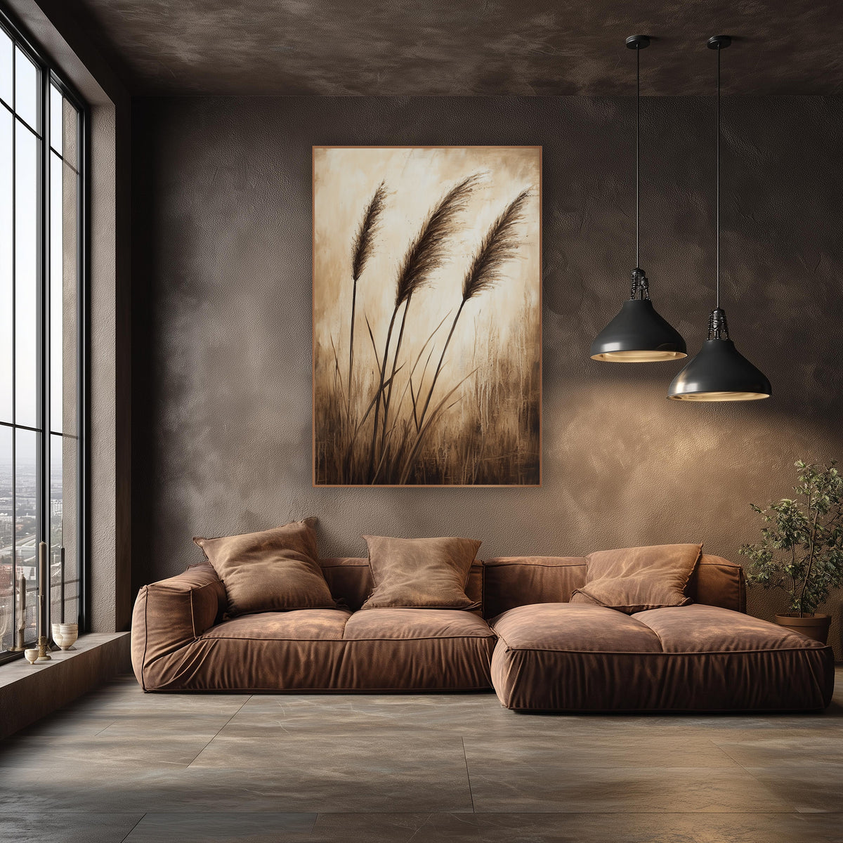 Sepia Tall Grass Plumes Neutral wall art in an elegant modern room – three feathery brown grass plumes on thin stems