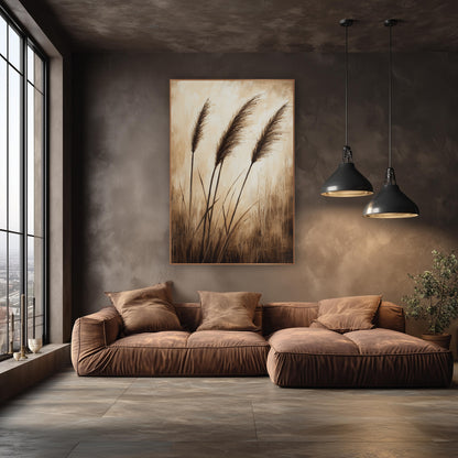 Sepia Tall Grass Plumes Neutral wall art in an elegant modern room – three feathery brown grass plumes on thin stems