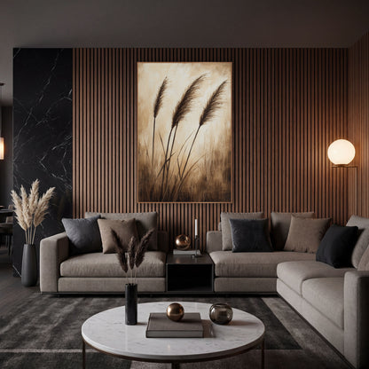 Sepia Tall Grass Plumes Neutral wall art in an elegant modern room – three feathery brown grass plumes on thin stems
