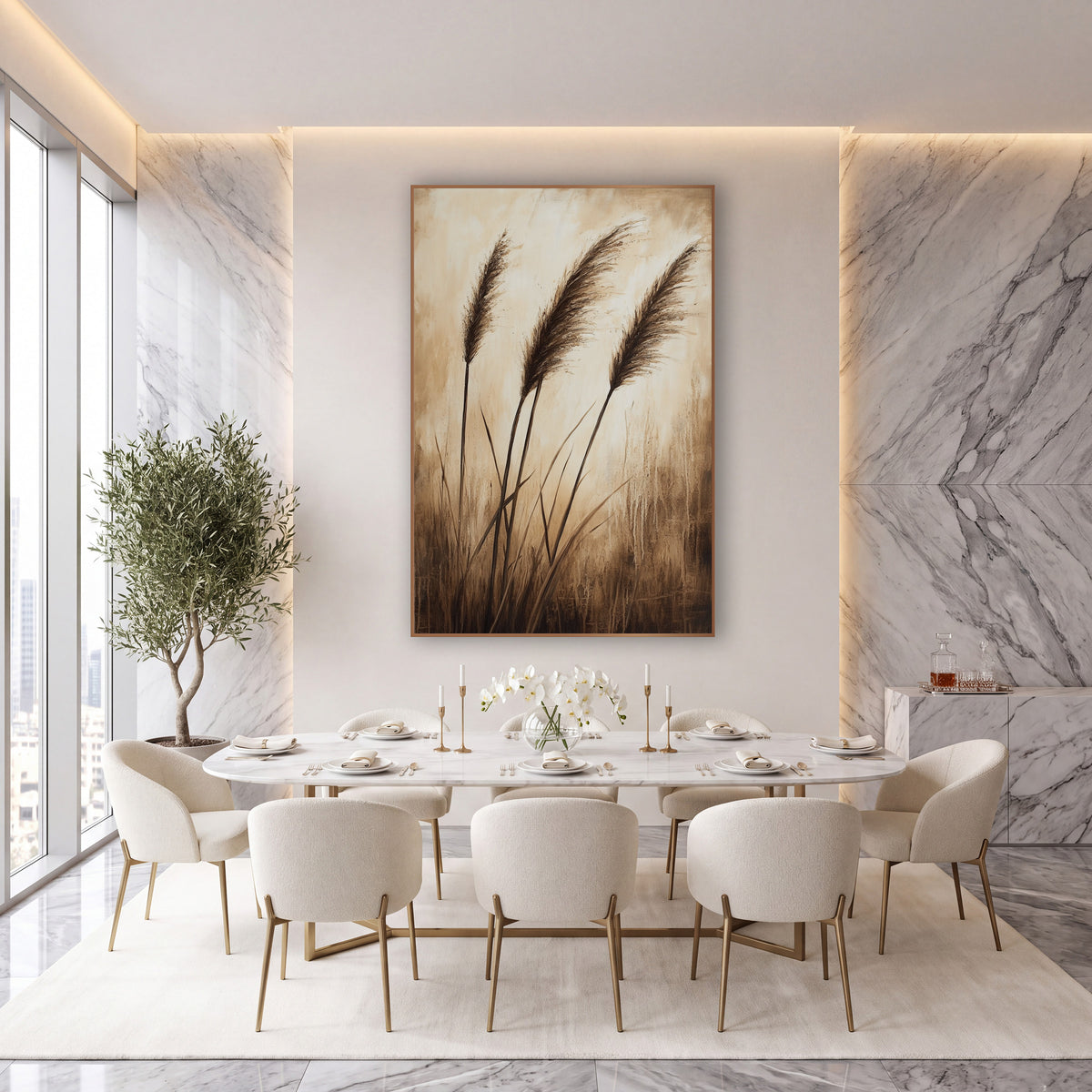 Sepia Tall Grass Plumes Neutral wall art in an elegant modern room – three feathery brown grass plumes on thin stems