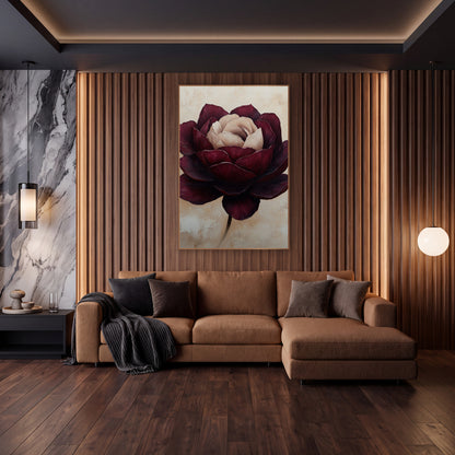 Burgundy Cream Rose Floral Luxe wall art in an elegant modern room – large burgundy rose with layered wine-red petals