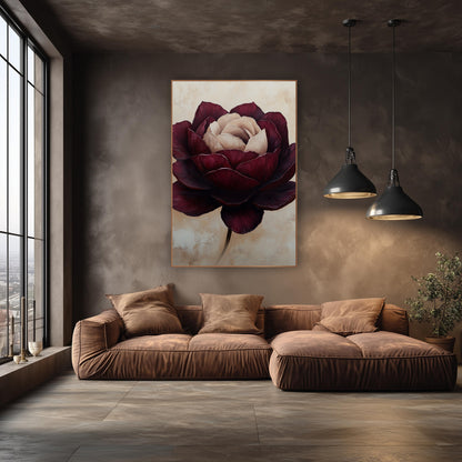 Burgundy Cream Rose Floral Luxe wall art in an elegant modern room – large burgundy rose with layered wine-red petals