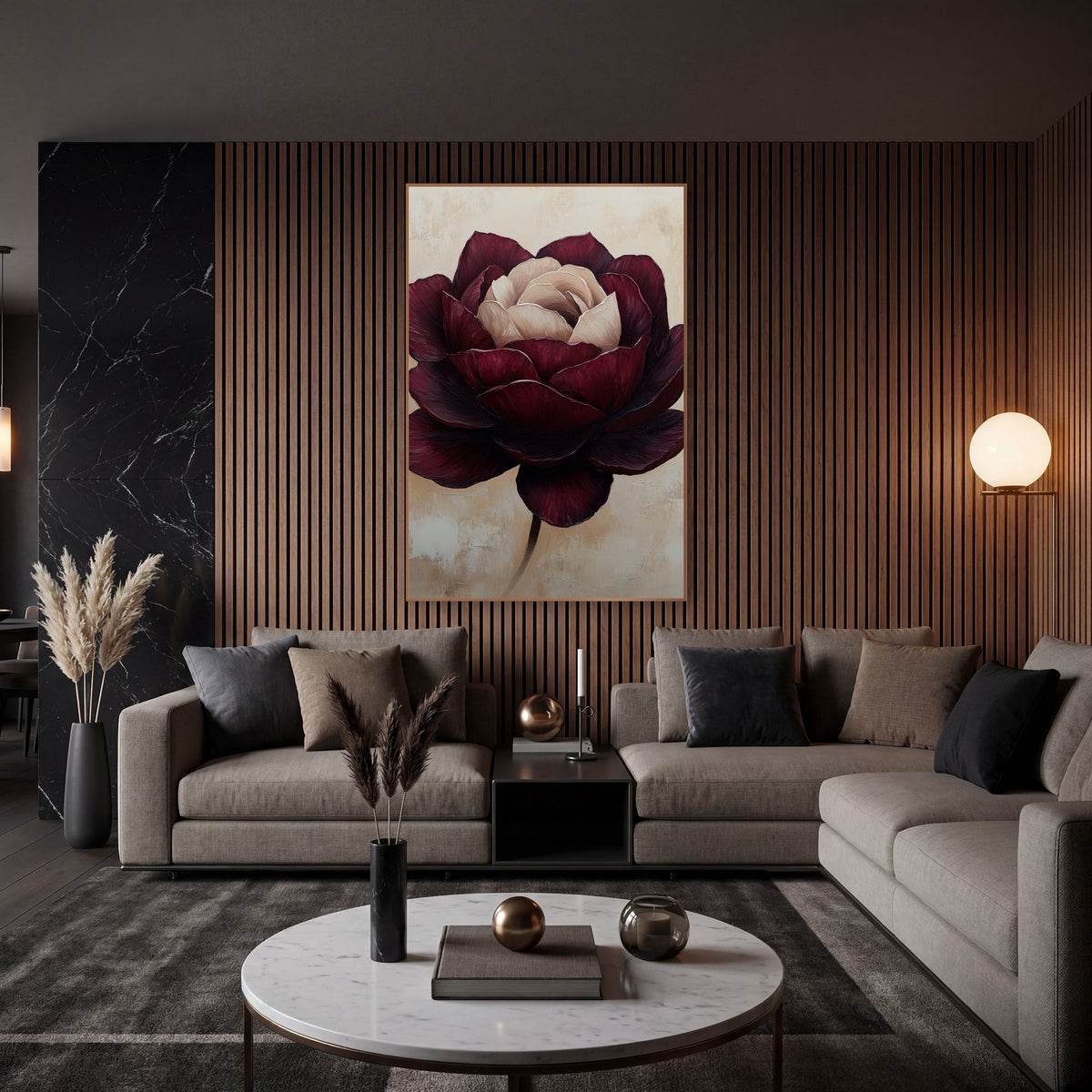 Burgundy Cream Rose Floral Luxe wall art in an elegant modern room – large burgundy rose with layered wine-red petals