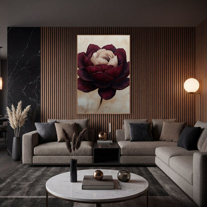 Burgundy Cream Rose Floral Luxe wall art in an elegant modern room – large burgundy rose with layered wine-red petals