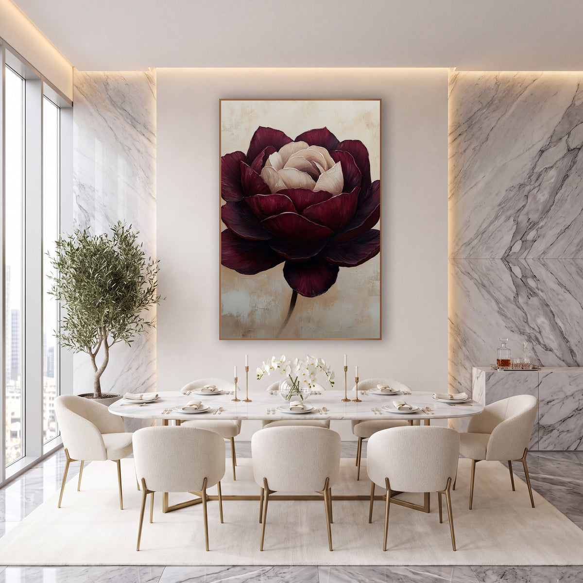 Burgundy Cream Rose Floral Luxe wall art in an elegant modern room – large burgundy rose with layered wine-red petals