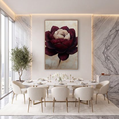 Burgundy Cream Rose Floral Luxe wall art in an elegant modern room – large burgundy rose with layered wine-red petals
