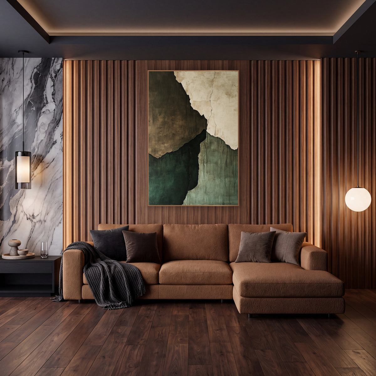 Jagged Plaster Quadrants Abstract wall art in an elegant modern room – abstract artwork of torn plaster slabs