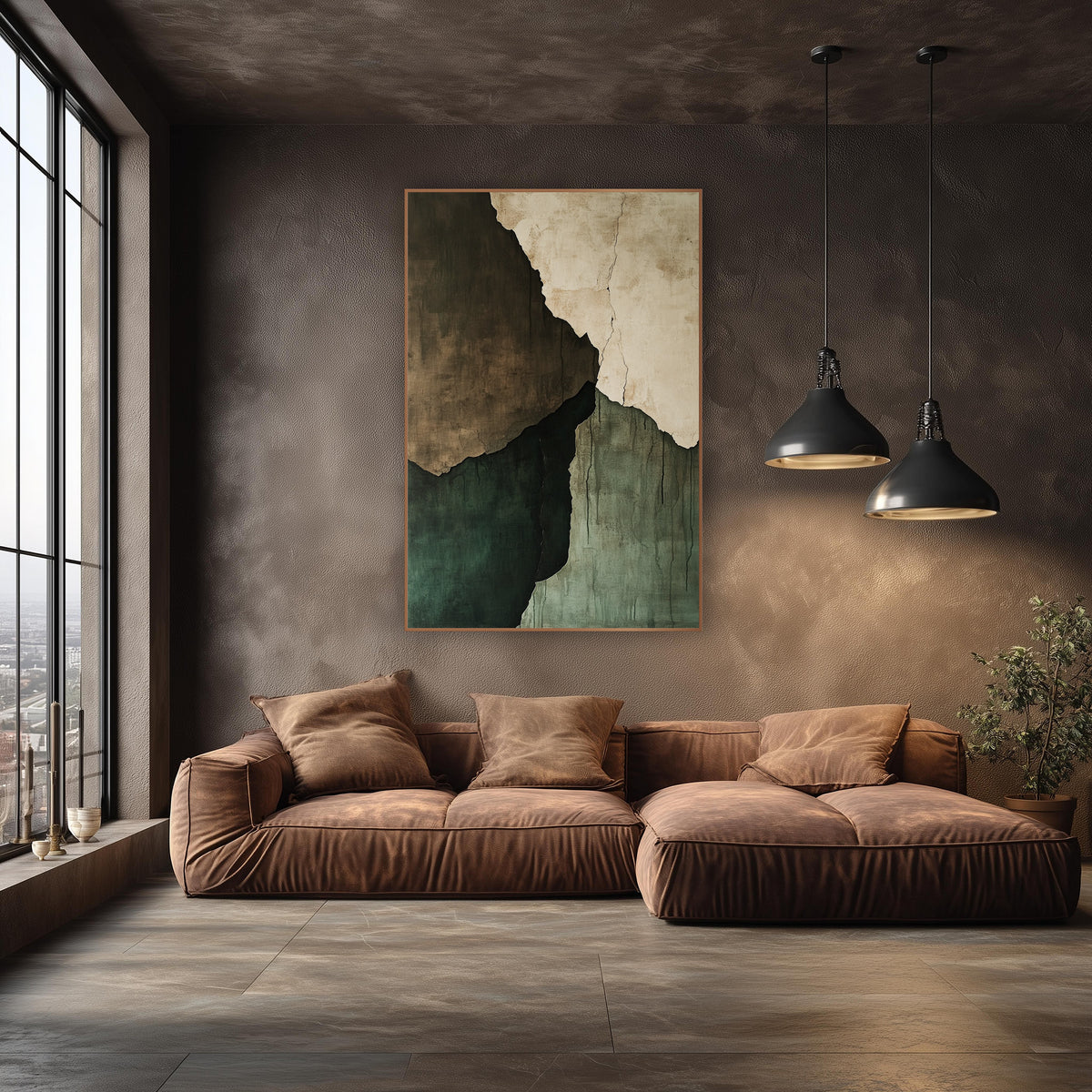 Jagged Plaster Quadrants Abstract wall art in an elegant modern room – abstract artwork of torn plaster slabs