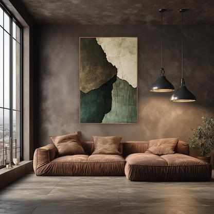 Jagged Plaster Quadrants Abstract wall art in an elegant modern room – abstract artwork of torn plaster slabs