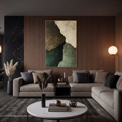 Jagged Plaster Quadrants Abstract wall art in an elegant modern room – abstract artwork of torn plaster slabs
