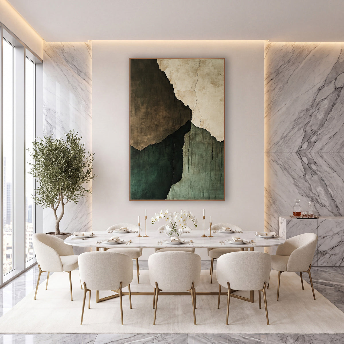 Jagged Plaster Quadrants Abstract wall art in an elegant modern room – abstract artwork of torn plaster slabs