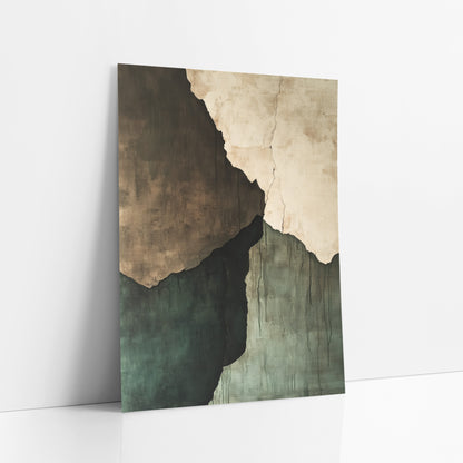 Jagged Plaster Quadrants Abstract art print leaning against a white wall – abstract artwork of torn plaster slabs in cream