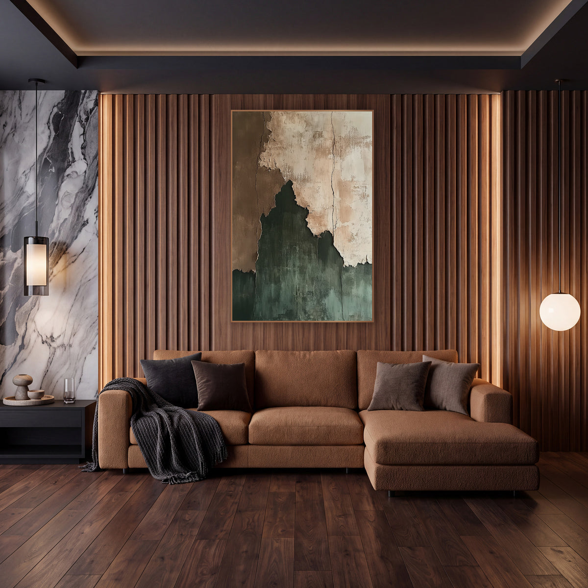 Torn Layers Earthy Abstract Modern wall art in an elegant modern room – abstract artwork of torn layers in cream, clay