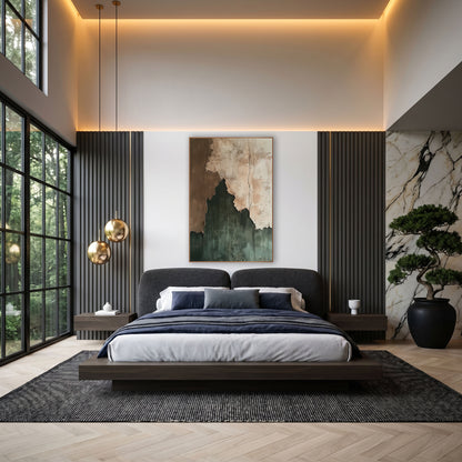 Torn Layers Earthy Abstract Modern wall art in an elegant modern room – abstract artwork of torn layers in cream, clay