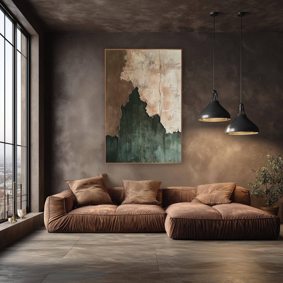 Torn Layers Earthy Abstract Modern wall art in an elegant modern room – abstract artwork of torn layers in cream, clay