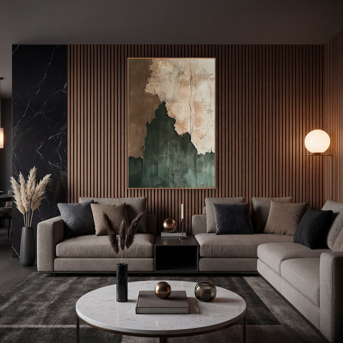 Torn Layers Earthy Abstract Modern wall art in an elegant modern room – abstract artwork of torn layers in cream, clay