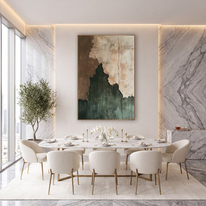 Torn Layers Earthy Abstract Modern wall art in an elegant modern room – abstract artwork of torn layers in cream, clay