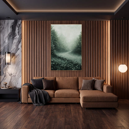 Misty Ivy Meadow Landscape wall art in an elegant modern room – trailing ivy with heart-shaped leaves crossing a foggy