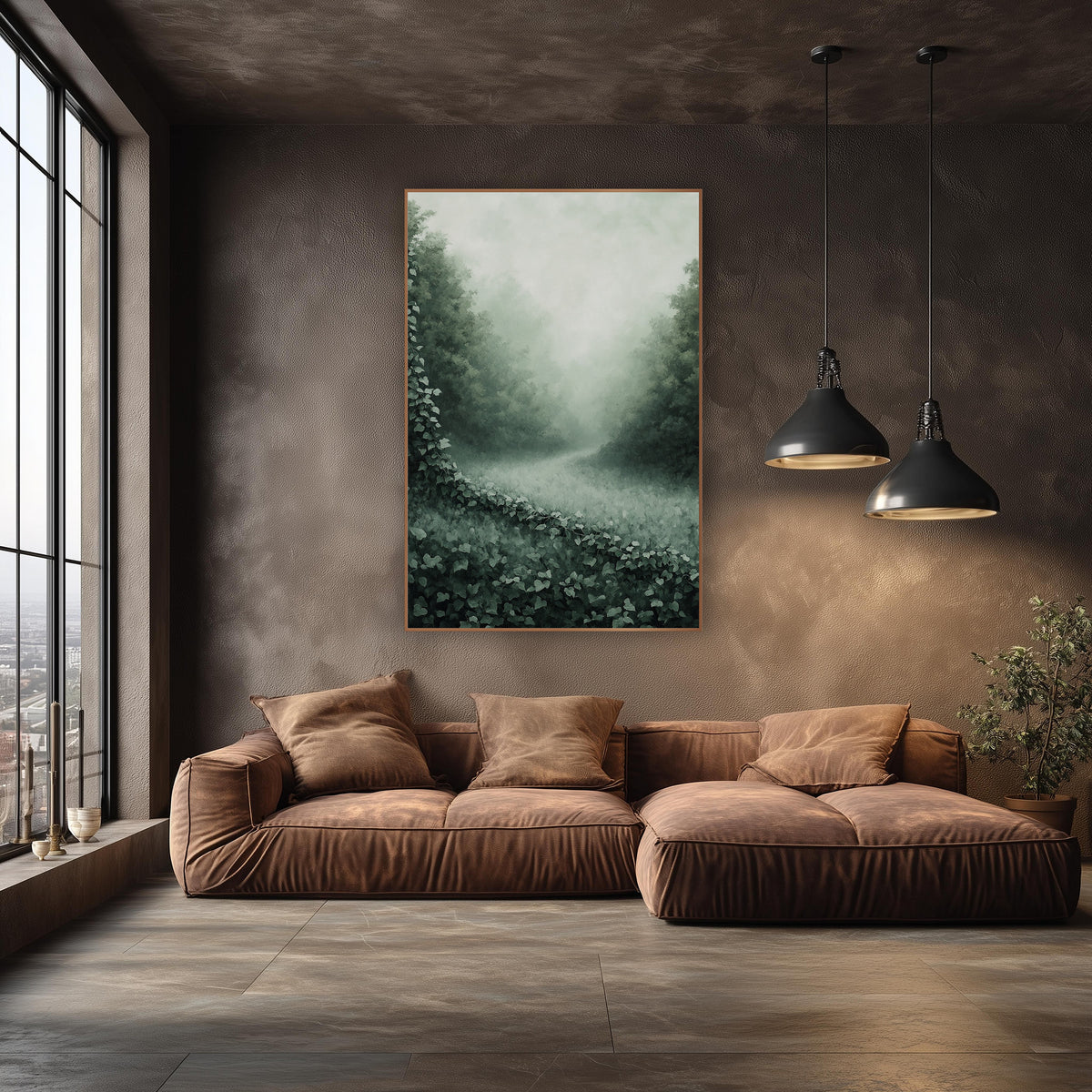 Misty Ivy Meadow Landscape wall art in an elegant modern room – trailing ivy with heart-shaped leaves crossing a foggy