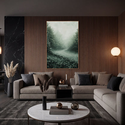 Misty Ivy Meadow Landscape wall art in an elegant modern room – trailing ivy with heart-shaped leaves crossing a foggy