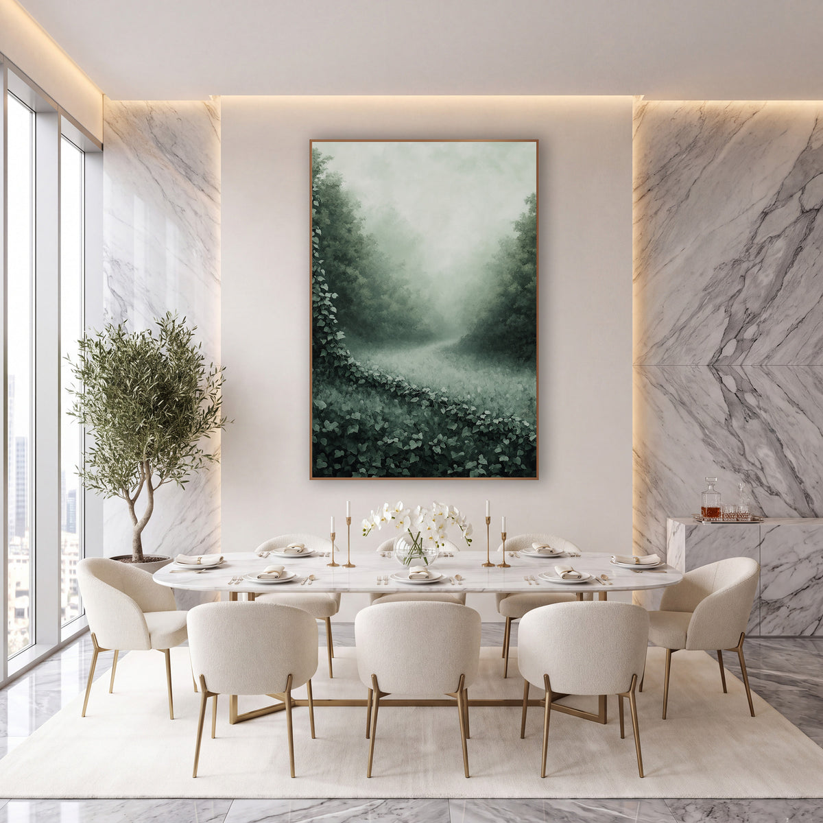 Misty Ivy Meadow Landscape wall art in an elegant modern room – trailing ivy with heart-shaped leaves crossing a foggy