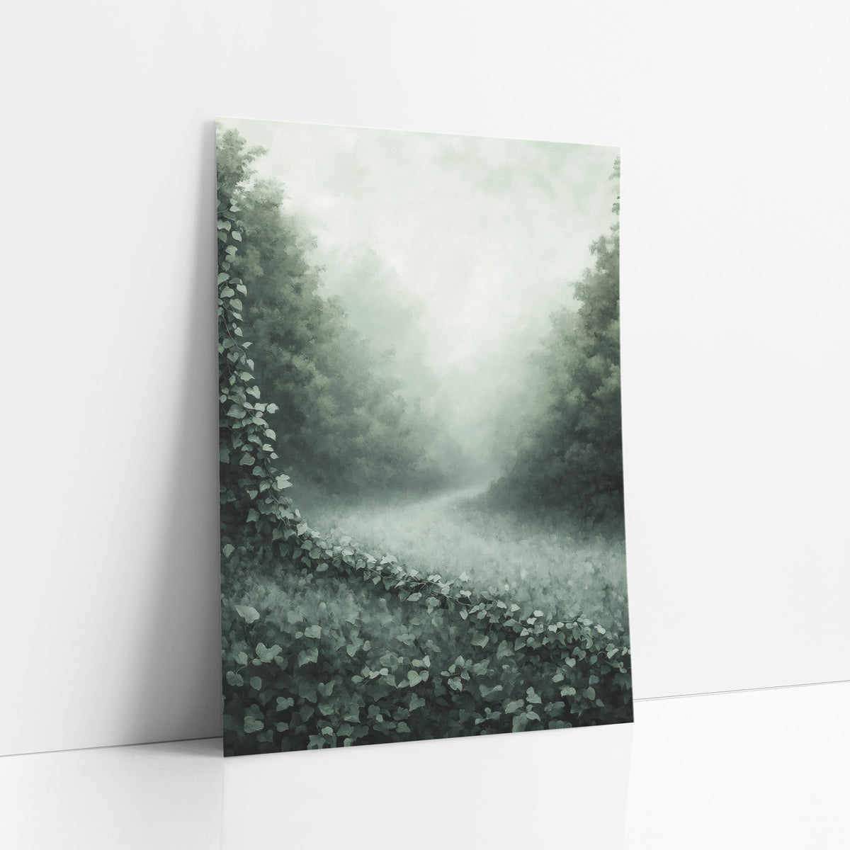 Misty Ivy Meadow Landscape art print leaning against a white wall – trailing ivy with heart-shaped leaves crossing a foggy