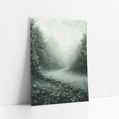 Misty Ivy Meadow Landscape art print leaning against a white wall – trailing ivy with heart-shaped leaves crossing a foggy