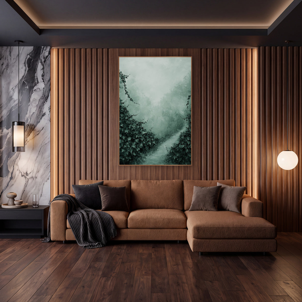 Misty Ivy Garden Path Landscape wall art in an elegant modern room – dark green ivy on both sides of a pale winding