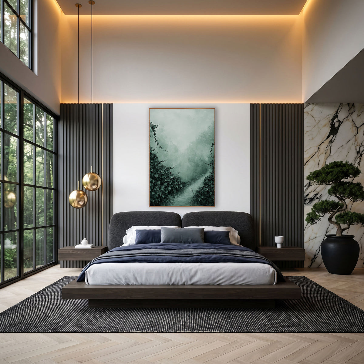 Misty Ivy Garden Path Landscape wall art in an elegant modern room – dark green ivy on both sides of a pale winding