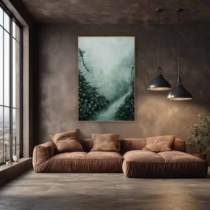 Misty Ivy Garden Path Landscape wall art in an elegant modern room – dark green ivy on both sides of a pale winding