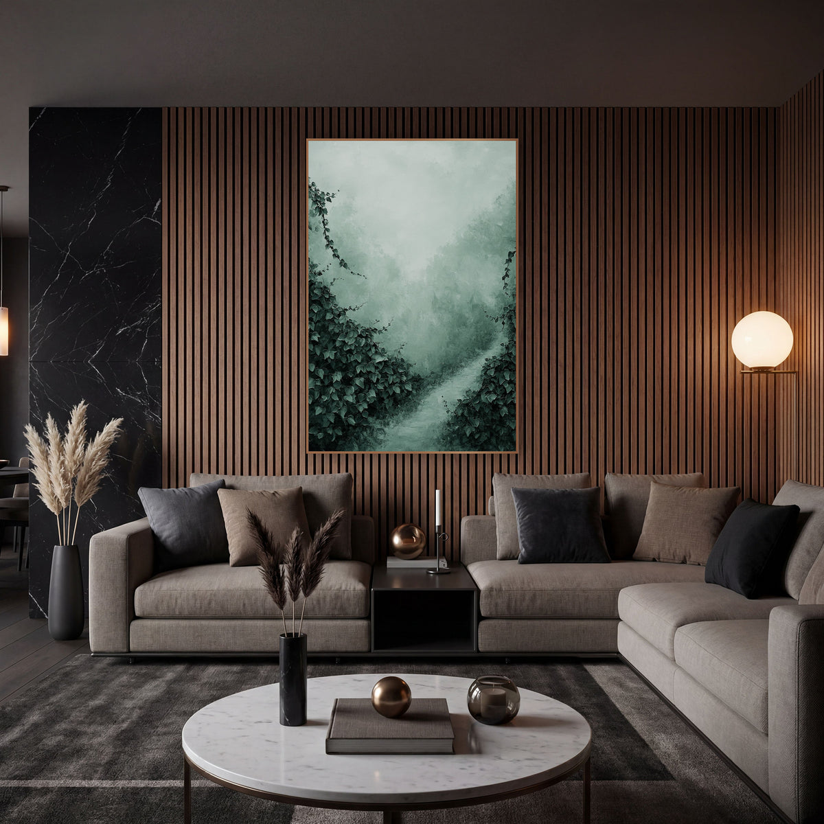 Misty Ivy Garden Path Landscape wall art in an elegant modern room – dark green ivy on both sides of a pale winding